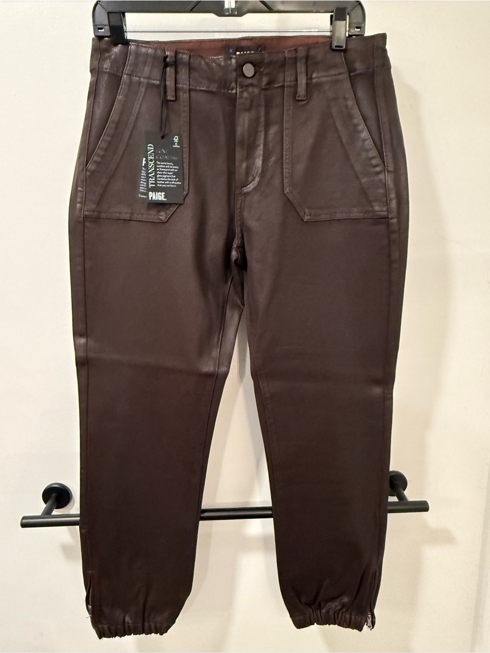 NWT PAIGE Chocolate Brown Coated Ankle Cargo Jogger Pants SIZE 29.